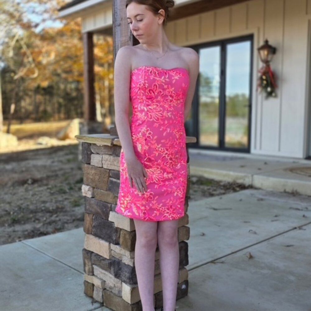 Hot pink strapless sequin floral dress
